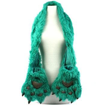 Winter Faux Fake Fuzzy Animal Fur Ski Scarf Neckwarmer w Paw Gloves Mittens Teal