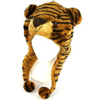 Faux Fake Fur Animal Plush Brown Tiger Trooper Trapper Slip Tie Ski Cap Hat