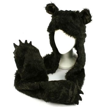 Winter Faux Fake Fuzzy Animal Fur Scarf Trapper Hat w/ Paw Gloves Mittens Black