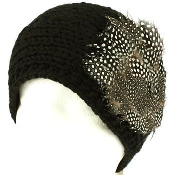 Real Long Feathers Adjustable Hand Knit Handmade Headwrap Headband Ski Black