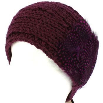 Real Long Feathers Adjustable Hand Knit Handmade Headwrap Headband Ski Purple