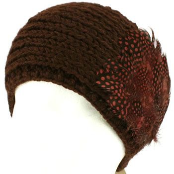 Real Long Feathers Adjustable Hand Knit Handmade Headwrap Headband Ski Brown