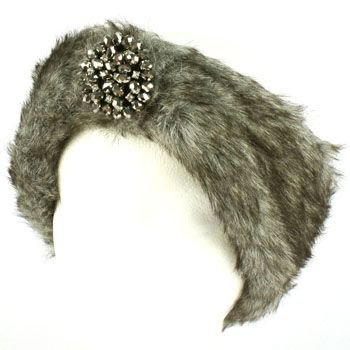 Winter Faux Fake Fur Removable Rhinestone Brooch Elastic Headwrap Headband Gray