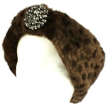 Winter Faux Animal Fur Removable Rhinestone Brooch Ski Headwrap Headband Leopard
