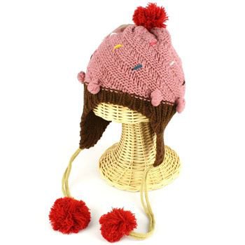 Winter Cupcake Pompom Ski Toddler Kids Girl 1-5 age Knit Trapper Beanie Hat Pink