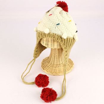 Winter Cupcake Pompom Toddler Kids Girl 1-5 age Knit Trapper Beanie Hat Ivory