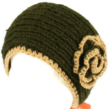 100% Winter 2 Tone Hand Knit Himalaya Headwrap Headband Fleece Lined Ski Olive