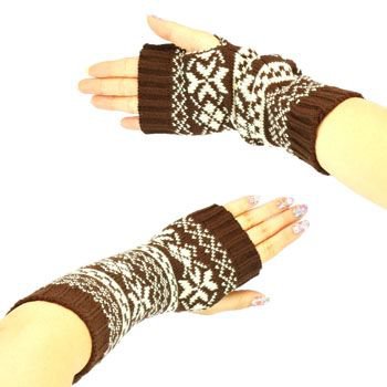 Winter Thumb Hole Knit Hand Arm Warmer Fingerless Snowflake Long Gloves Brown