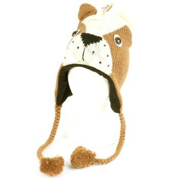 Winter Knit Boxer Dog Animal Trooper Trapper Lined Ski Pom pom w/ Tail Hat Cap