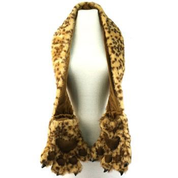 Winter Faux Fake Fuzzy Animal Fur Ski Scarf Neckwarmer Paw Gloves Mitten Leopard