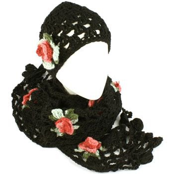 Winter Set Crochet Flower Knit Beanie Skull Ski Cap Hat with Scarf Shawl Black
