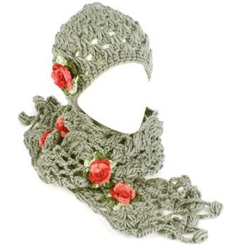 Winter Set Crochet Flower Hand Knit Beanie Skull Ski Cap Hat with Scarf Gray
