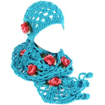 Winter Set Crochet Flower Hand Knit Beanie Skull Ski Cap Hat w/ Scarf Turquoise