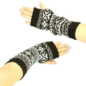 Winter Thumb Hole Knit Hand Arm Warmer Fingerless Snowflake Long Gloves Black
