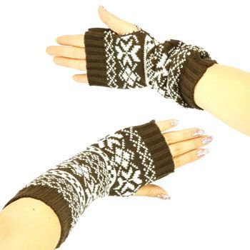 Winter Thumb Hole Knit Hand Arm Warmer Fingerless Snowflake Long Gloves Dk Brown