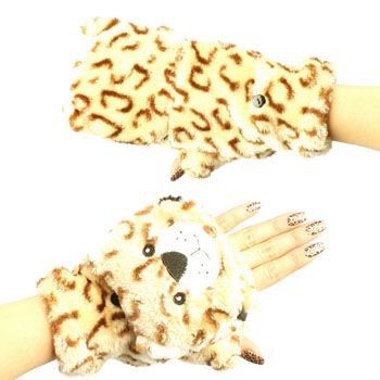 Winter Soft Fuzzy Furry Faux Fur Br Tiger Flip Fingerless Mitten Gloves Glomitt