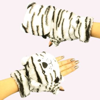 Winter Soft Fuzzy Furry Faux Fur Wt Tiger Flip Fingerless Mitten Gloves Glomitt
