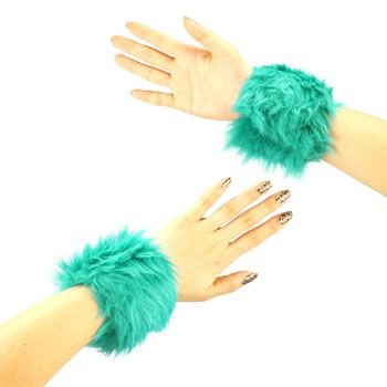 2 Winter Faux Fake Fur Wrist Arm Warmer Cuff Slap On Wristband Fuzzy Furry Teal