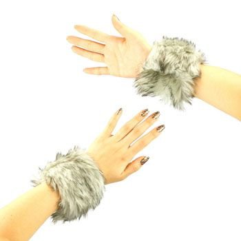 2 Winter Faux Fake Fur Wrist Arm Warmer Cuff Slap On Wristband Fuzzy Furry Gray