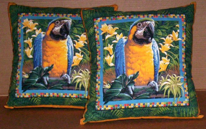 ~ SALE ~ 2 MACAW FABRIC THROW PILLOW COVERS or WALL HANGING PET BIRD BIRDS Parrot