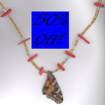 Painted Lady Butterfly Wing Necklace w/ Coral-50% OFF!!