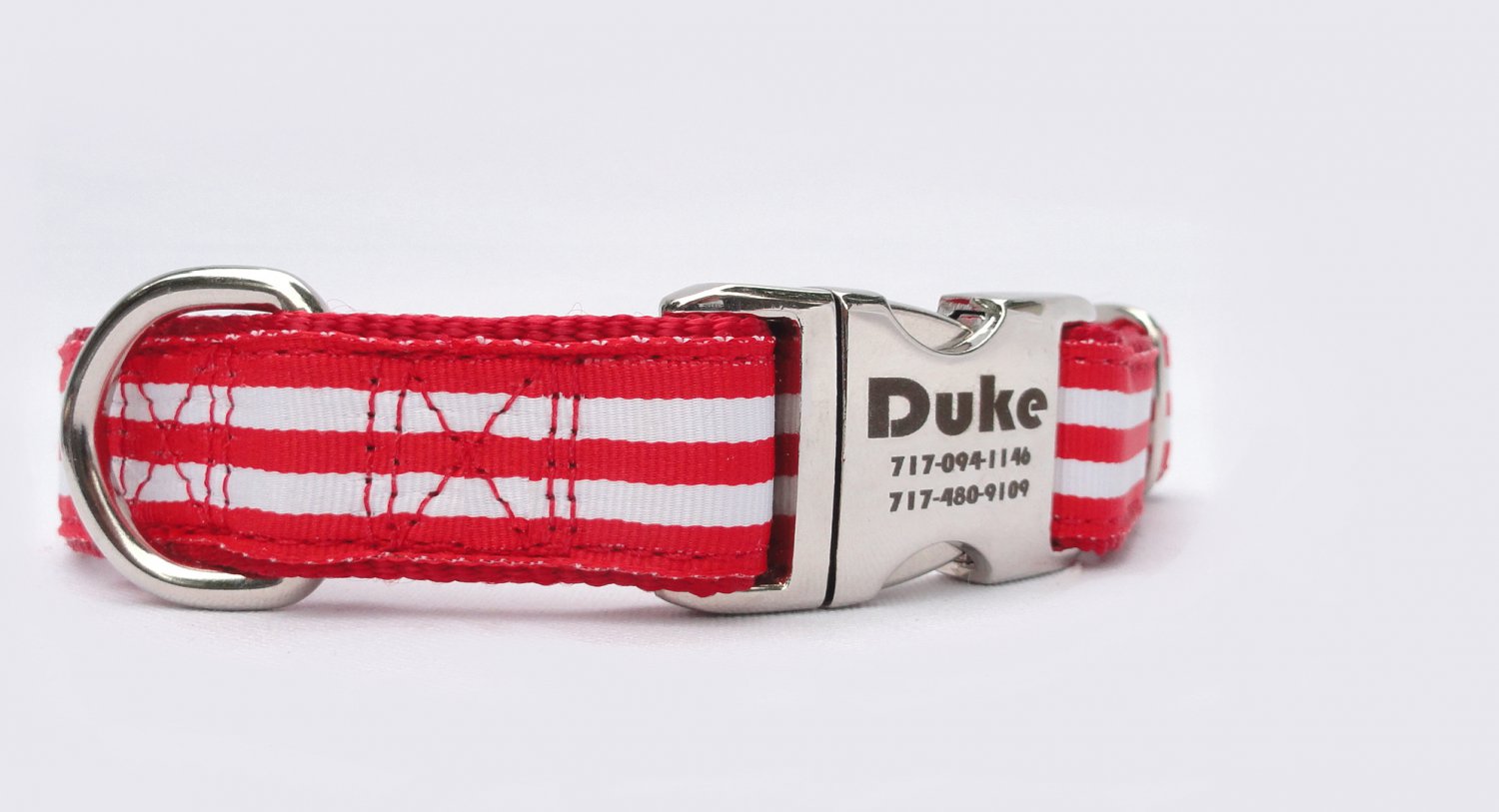 Laser Engraved Red and White Stripped Nylon Dog Collar 1 inch width by Ruggit Collars