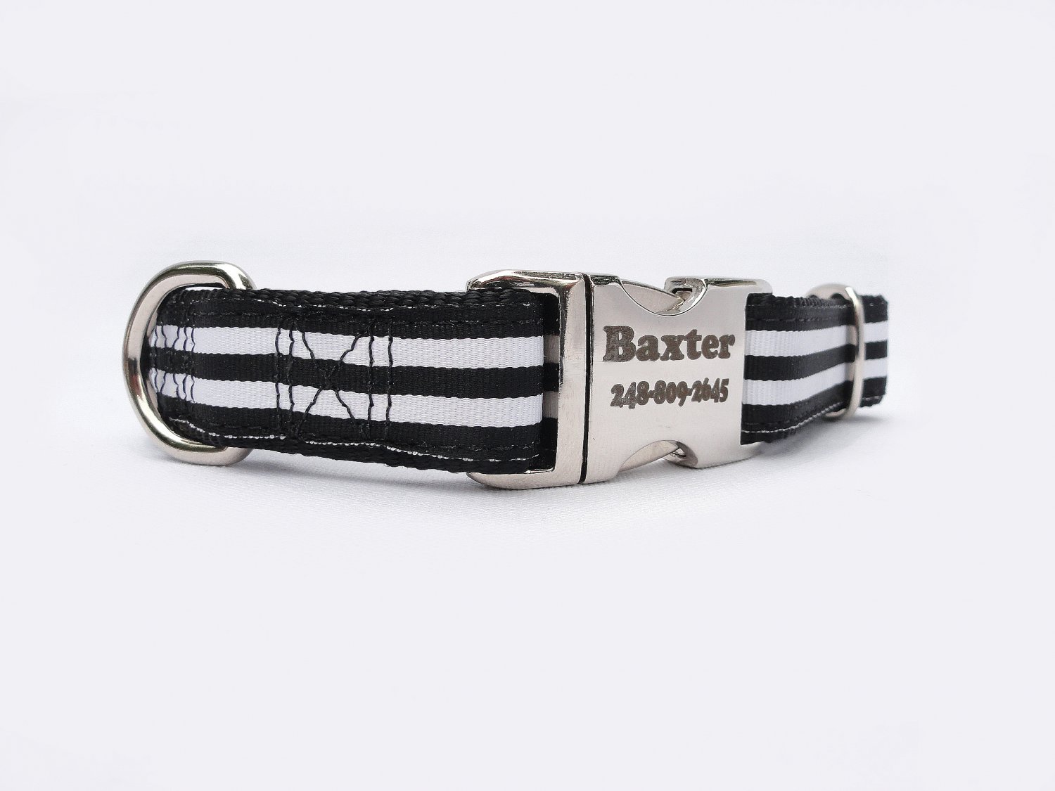 Laser Engraved Black and White Stripped Nylon Dog Collar 1 inch width by Ruggit Collars
