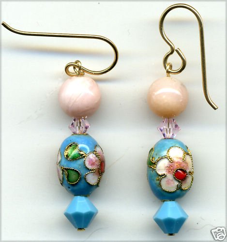 Rose Quartz and Vintage Cloisonne Earrings