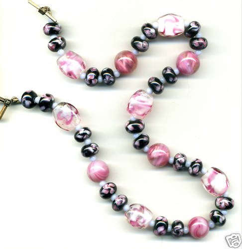 Pink, Black and Blue Vintage Glass Necklac