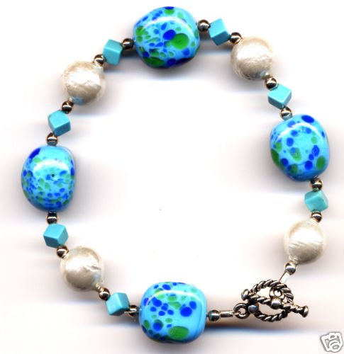 Vintage Bead, Turquoise, Japanese Cotton Pearl Bracelet