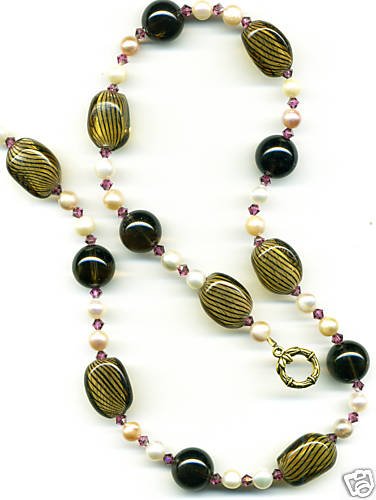 Brown Striped Glass, Glass Pearl and Crystal Necklace