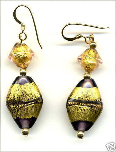 Purple and Gold handmade bead earrings