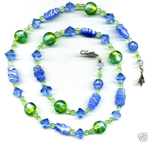 Long Blue and Green Vintage Bead Necklace