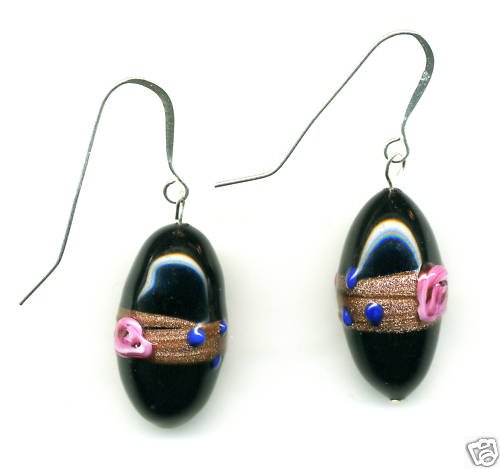Venetian Bead Earrings, Black, Pink roses, handmade
