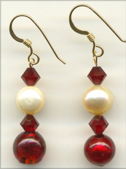 Pearl and red Crystal Earrings