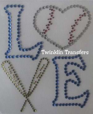 Rhinestone Iron On Transfer LOVE BASEBALL BATS HEART