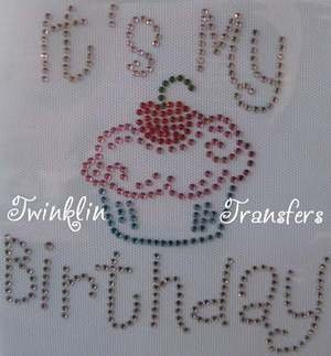 Rhinestone Iron On Transfer BIRTHDAY CUPCAKE CHERRY PIN