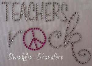 Rhinestone Iron On Transfer TEACHERS ROCK PEACE SIGN