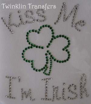 Rhinestone Iron On Transfer KISS ME I'M IRISH SHAMROCK