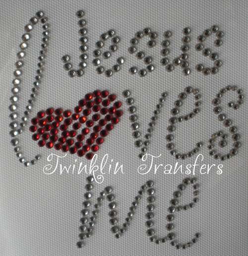 Rhinestone Hot Iron On Transfer JESUS LOVES ME HEART