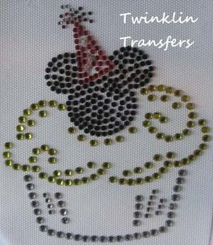 Rhinestone Hot Iron On Transfer MICKEY BIRTHDAY CUPCAKE