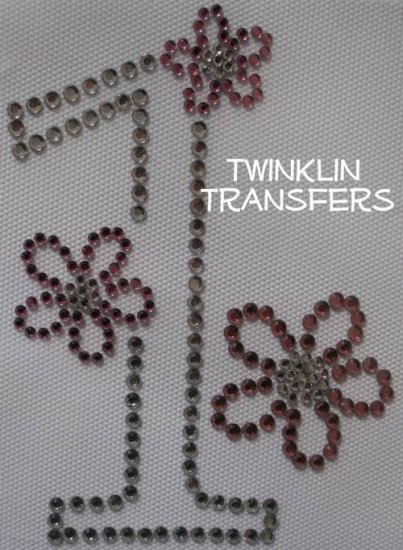 Rhinestone Iron On Transfer BIRTHDAY 1 FIRST ONE FLOWER