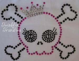 Rhinestone Iron On Transfer EMO SKULL GIRL PINK CROWN