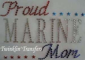 Rhinestone Transfer Hot Fix Iron On MARINE USMC MOM USA