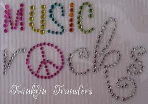 Rhinestone Iron On Transfer MUSIC ROCKS PEACE SIGN PINK