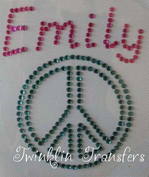 Rhinestone Transfer IronOn PERSONALIZED NAME PEACE SIGN