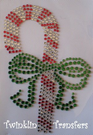 Rhinestone Hot Fix Iron On Transfer XMAS CANDY CANE BOW