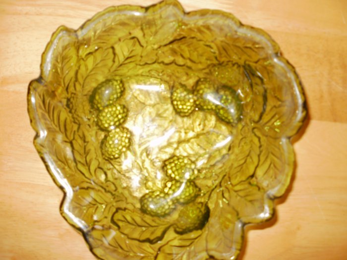 Cut glass green leaf shaped candy dish