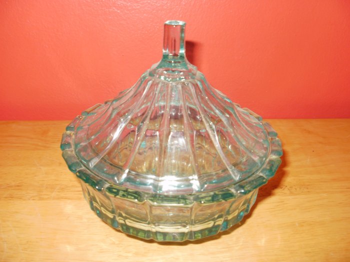 Cut Glass Turquoise Colored Candy Dish with Lid