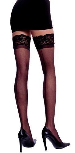 Black lace top backseam thigh high stocking o/s